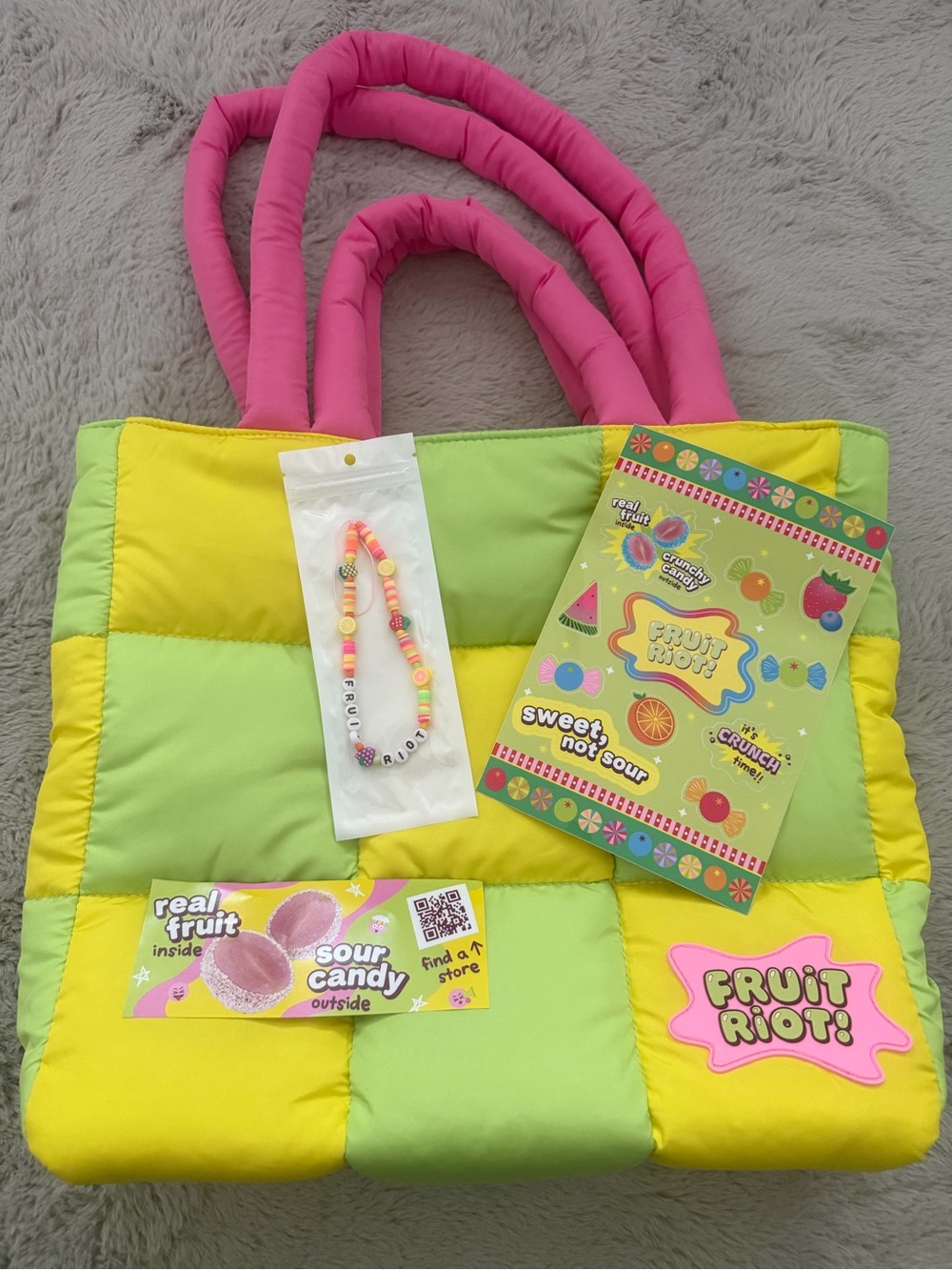 Fruit Riot Puffy Tote Bag Neon Green Yellow Pink Promo Gift Set New Rare